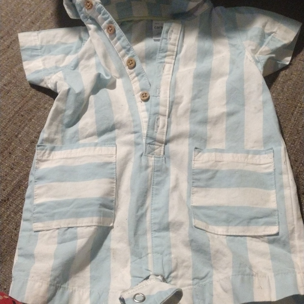 Carter's Newborn  Blue and White Striped Button Down Romper - Picture 2 of 5